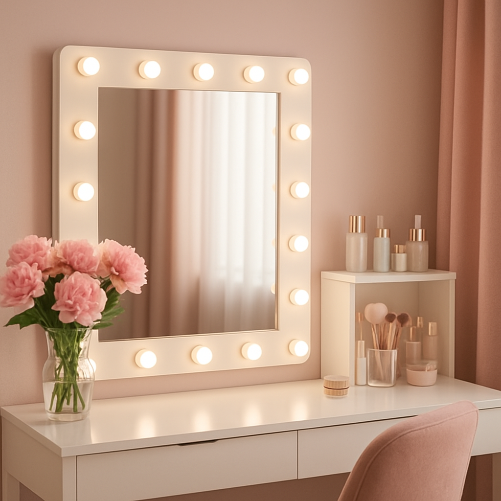 Beth Beauty Lounge salon interior — elegant vanity mirror and beauty products